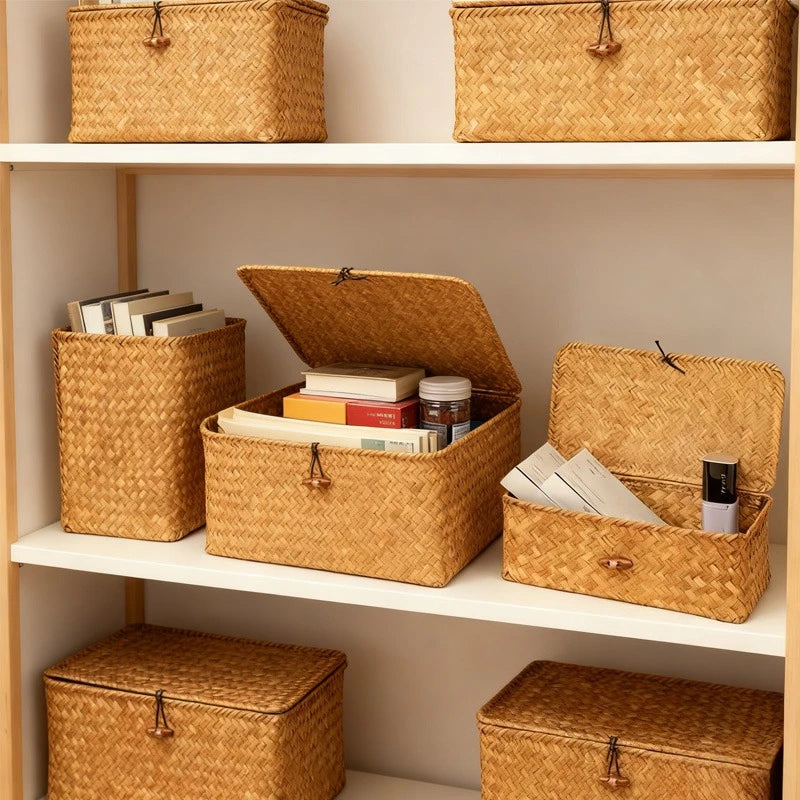 Panier de rangement Vintage tissé en paille fait à la main,